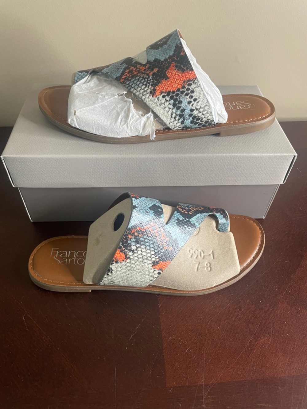 Franco Sarto Snake-Print Slide Sandals - Blue, Orange & Tan